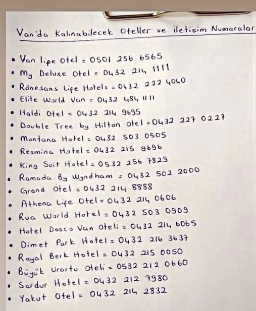 Van'da konaklanabilecek ÜCRETSİZ otellerin listesi. #Deprem