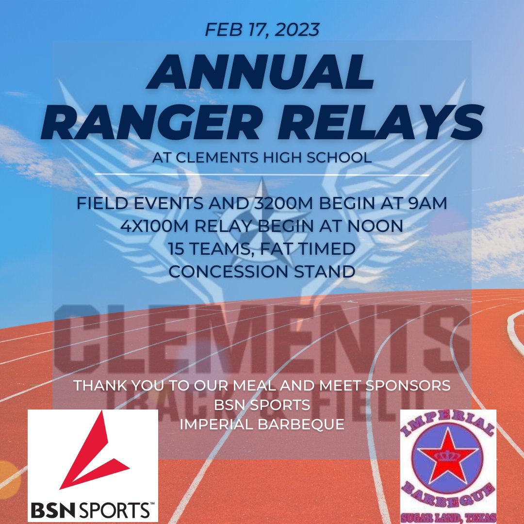 🚨🚨 MEET ALERT🚨🚨
We are 1 week away from the Annual Ranger Relays at Clements High School. This year we're going to be even bigger and better. Growth year over year. Excited to have a highly competitive meet! Thanks to our meal &amp; meet sponsors <a href="/BSNSPORTS/">BSN SPORTS</a> &amp; <a href="/imperialbbq72/">Jorge Rodriguez</a>.