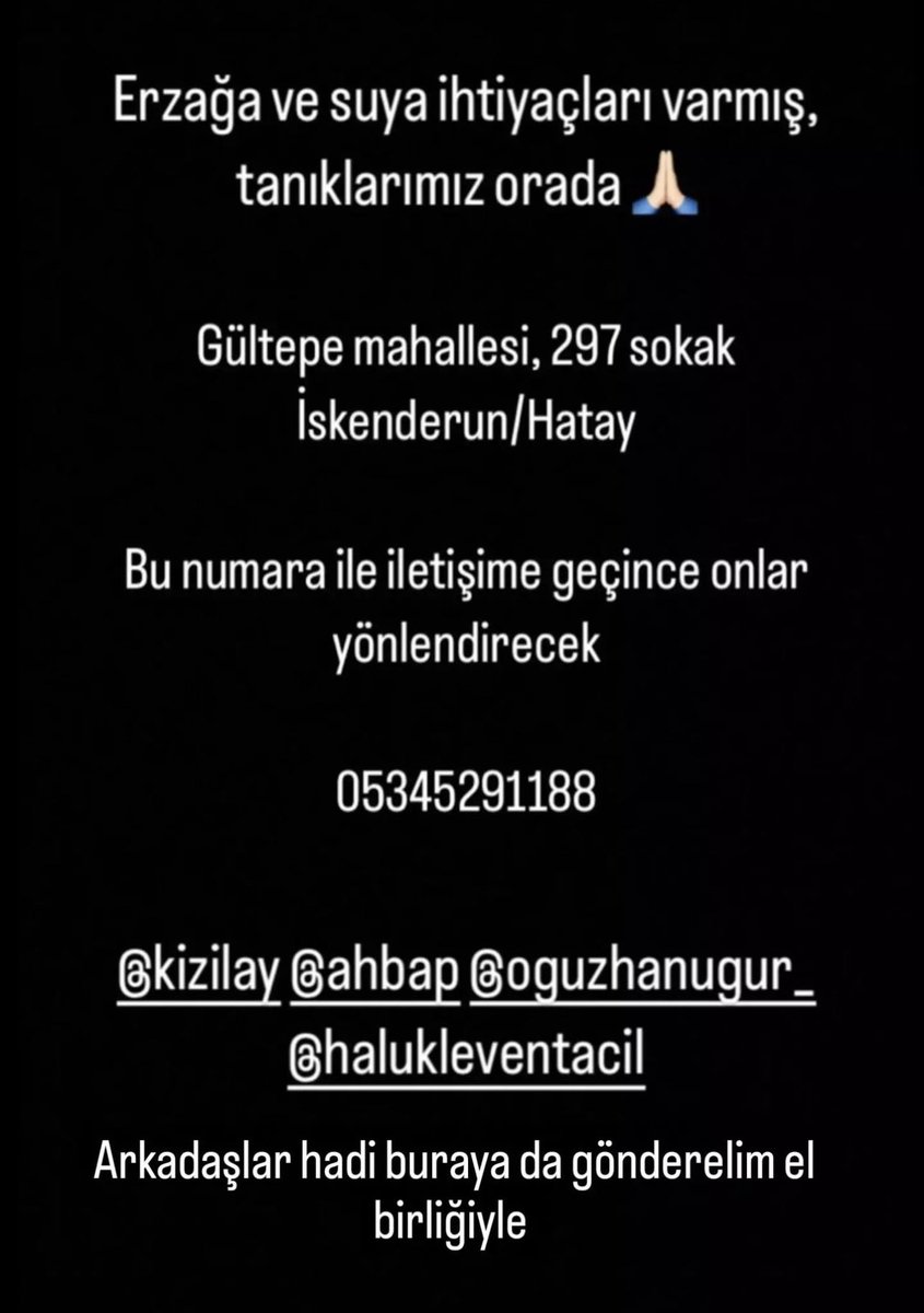 likeapuke's tweet photo. ERZAK VE SU İHTİYACI VARDIR.

İskenderun/Hatay Gültepe Mahallesi 297. sokak 

Teyitlidir, 10 Şubat 16:45 #iskenderun #hatay #gültepemahallesi #erzak #deprem #yardım https://t.co/g3UPyZdyWr