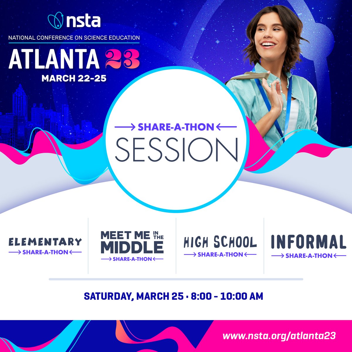 NSTA's tweet image. Join us for knowledge sharing at the #NSTA23 Atlanta share-a-thons! There’s something for everyone with specific events for #elementary, #middlelevel, #highschool, and #informal educators. You’ll find a ton of incredible ideas in a short amount of time.