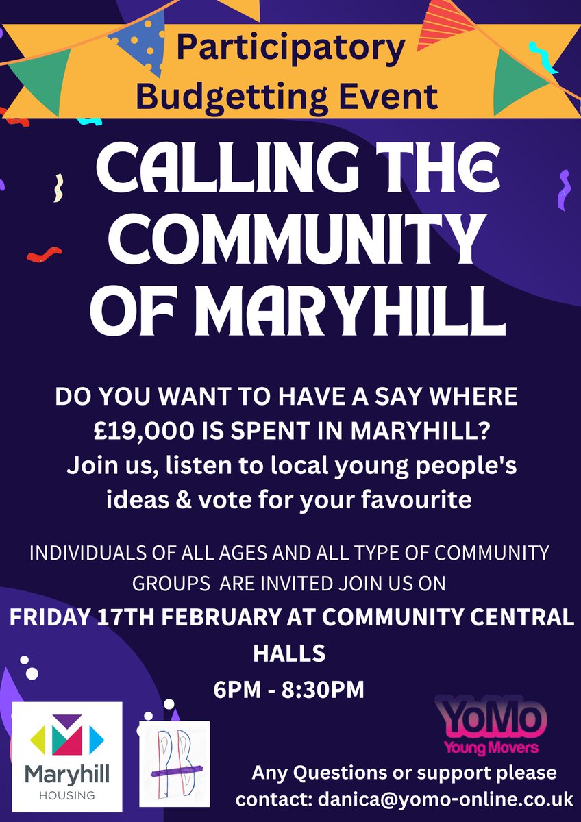 The countdown is on for the Maryhill Participatory Budgeting Event 😁 
£19,000 will be distributed based on a community vote on Fri 17th Feb 2023. 
Come along to hear all the youth led ideas - the applications are amazing! But also vote as a member of the community 🗳️