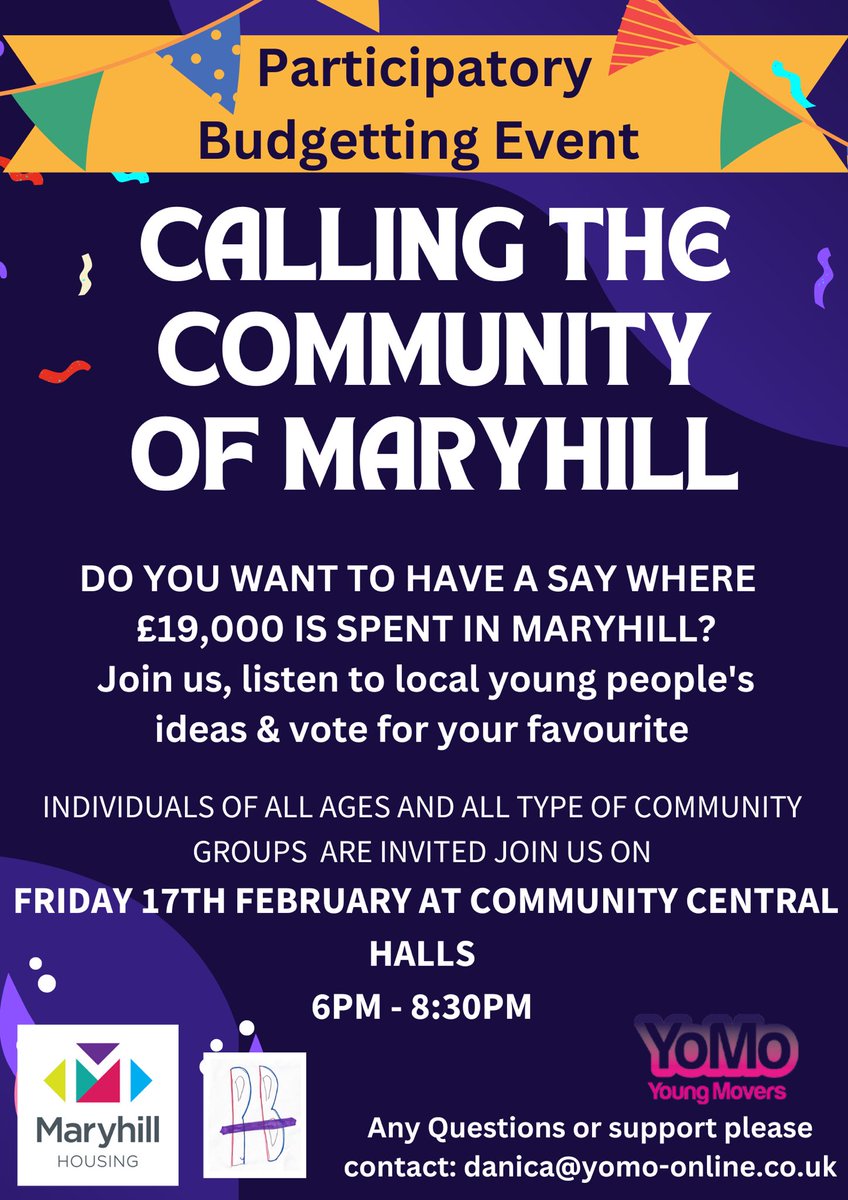 The countdown is on for the Maryhill Participatory Budgeting Event 😁 £19,000 will be distributed based on a community vote on Fri 17th Feb 2023. Come along to hear all the youth led ideas - the applications are amazing! But also vote as a member of the community 🗳️