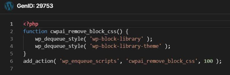 <a href="/codewp_ai/">CodeWP</a> is a really interesting AI tool for WordPress, it's like ChatGPT but specially designed for #WordPress. You can write prompts and it will generate code for you. I asked it to write a function which removes block editor CSS files and this is the result.