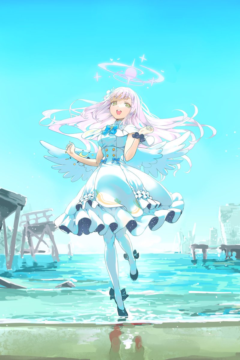 mika (blue archive) 1girl wings pink hair dress solo long hair halo  illustration images