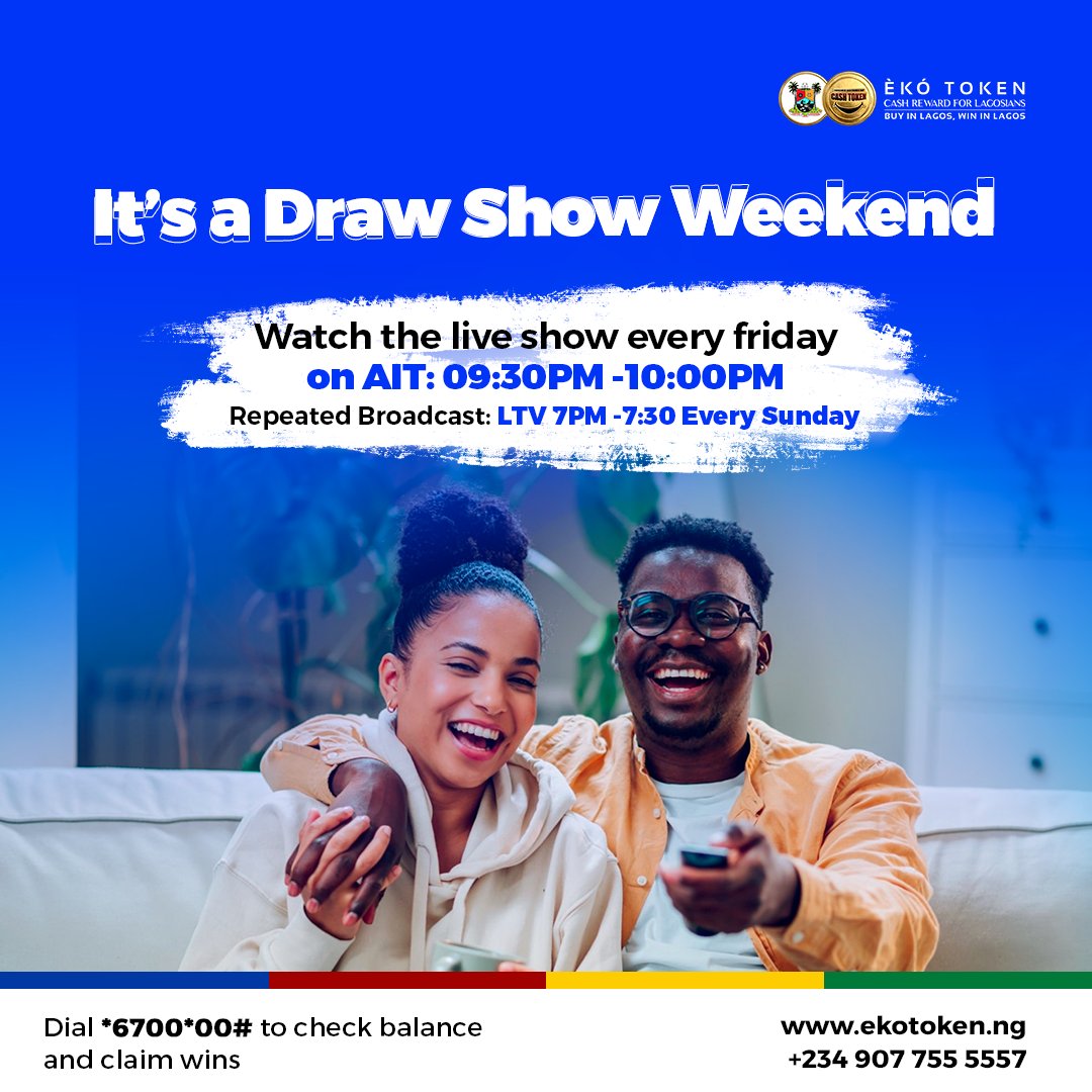 ekotokenng's tweet photo. Never miss the action!

Catch the Eko Token Draw Show live on your TV screen from 7PM - to 07:30PM on Lagos Television @ltvsocial

#EkoToken #Lagos #Live #DrawShow #LTV #Trending #Viral #explore #action https://t.co/GtWqWSp3Af