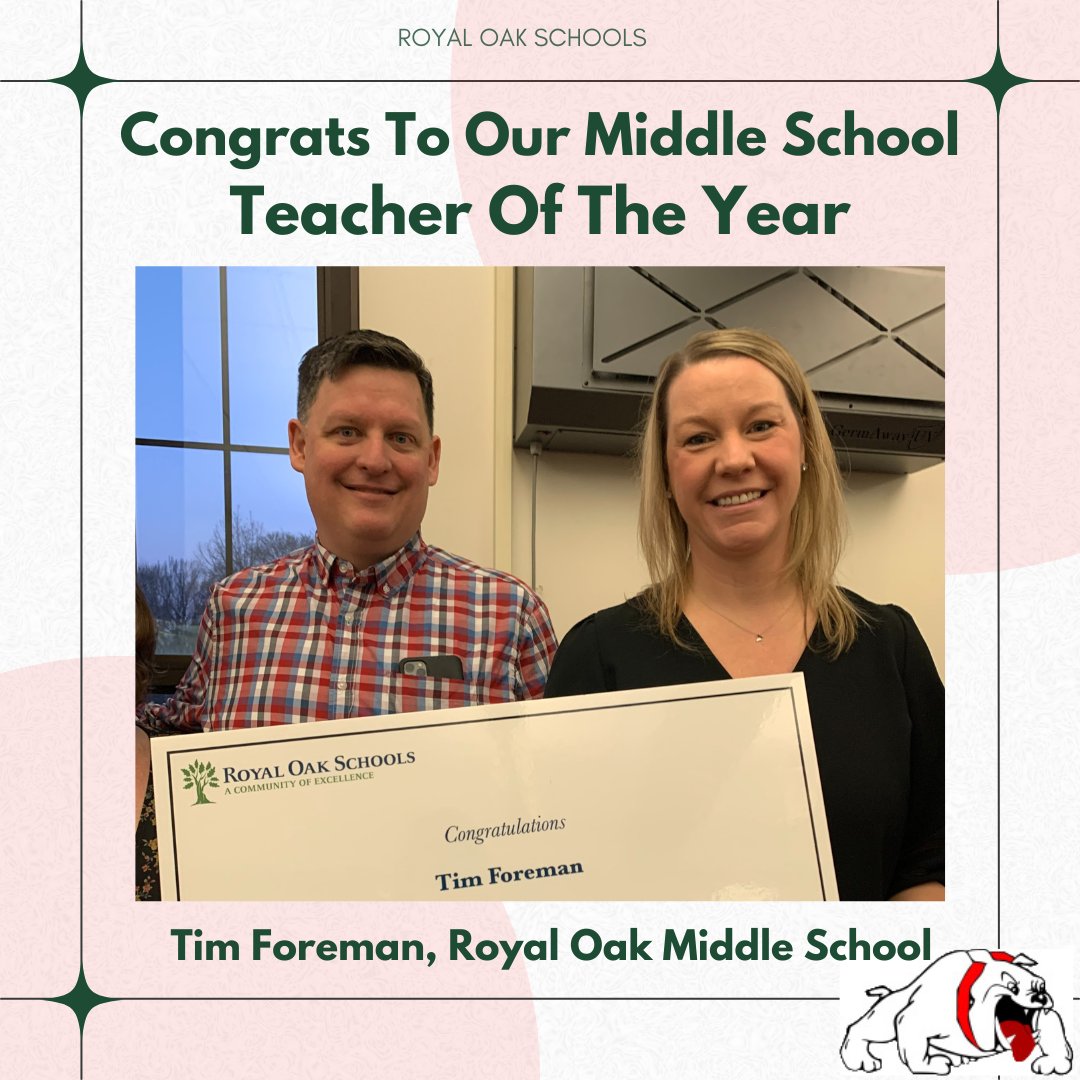 royaloakschools's tweet photo. Teacher of the Year celebrations have started!

This week, we surprised ROMS teacher Tim Foreman with the honor of the Royal Oak Schools Middle School Teacher of the Year!
#ROSCommunityofExcellence #BulldawgProud #TeacheroftheYear https://t.co/a1RMtmZYIS