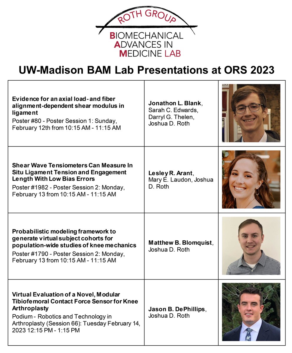 Joshua D Roth (@jdrothphd) on Twitter photo <a href="/UW_BAMLab/">Roth Group: Biomechanical Advances in Medicine Lab</a> is at #ORS2023! Come talk with <a href="/ArantLesley/">Lesley Arant</a>, <a href="/BlankJonathon/">Jon Blank</a>, <a href="/MB_Blomquist/">Matthew Blomquist</a>, and Jason DePhillips about their latest findings.
Visit our lab page to check out abstracts and posters: bamlab.wisc.edu/2023/02/06/feb…
<a href="/wiscorthopedics/">UW Orthopedics and Rehabilitation</a> <a href="/UWMechEngr/">UW-Madison Mechanical Engineering</a> <a href="/UWMadison_BME/">UW-Madison BME</a> <a href="/UW_BAMLab/">Roth Group: Biomechanical Advances in Medicine Lab</a> is at #ORS2023! Come talk with <a href="/ArantLesley/">Lesley Arant</a>, <a href="/BlankJonathon/">Jon Blank</a>, <a href="/MB_Blomquist/">Matthew Blomquist</a>, and Jason DePhillips about their latest findings.
Visit our lab page to check out abstracts and posters: bamlab.wisc.edu/2023/02/06/feb…
<a href="/wiscorthopedics/">UW Orthopedics and Rehabilitation</a> <a href="/UWMechEngr/">UW-Madison Mechanical Engineering</a> <a href="/UWMadison_BME/">UW-Madison BME</a>