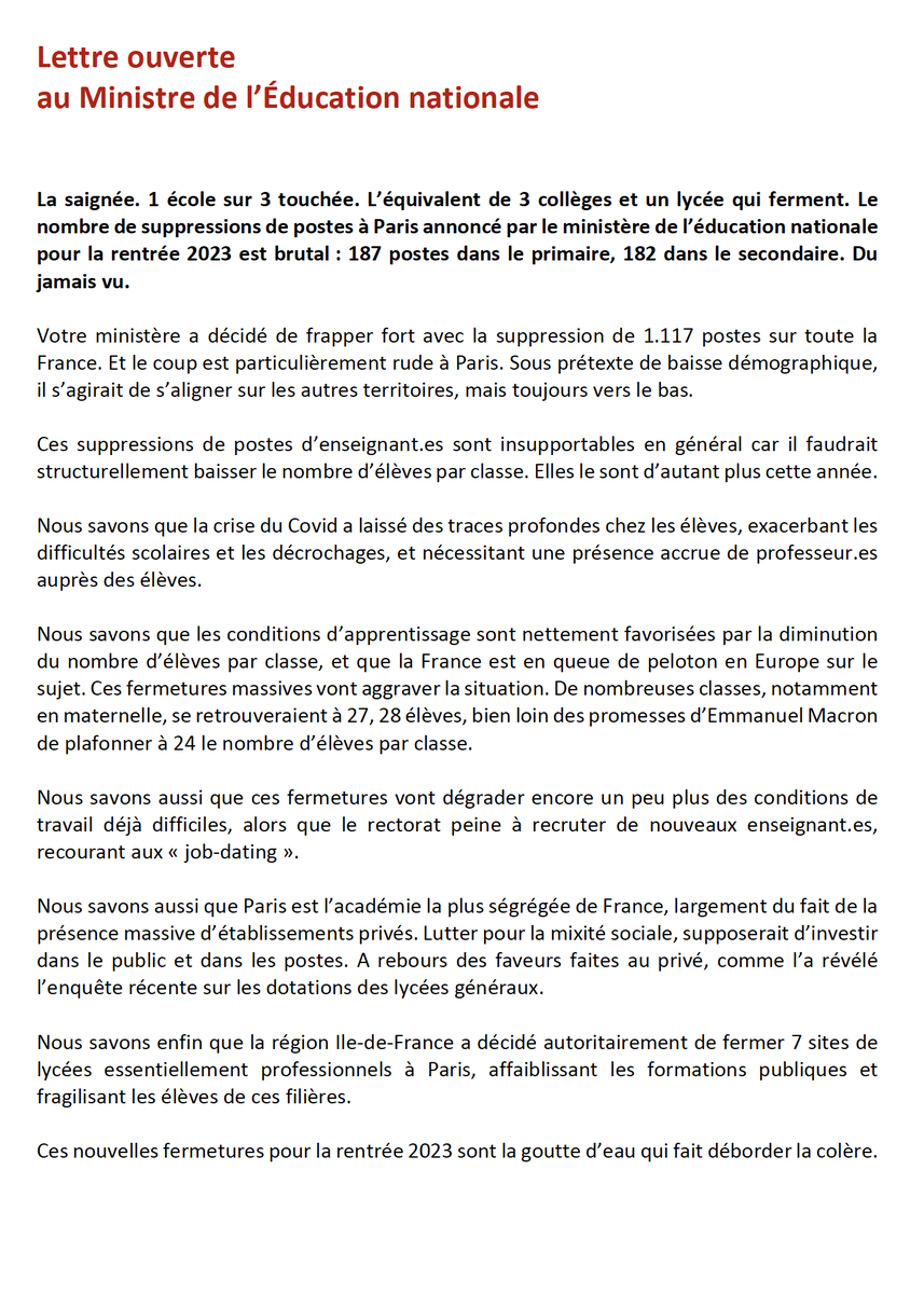 jnaqua's tweet photo. La saignée de postes dans l'éducation nationale à Paris est brutale.

Un front uni des organisations de parents d'élèves, syndicales et d'https://t.co/QMkhxoh1CV de gauche demande à @PapNdiaye  de revenir sur ces suppressions de postes.

#FCPE #FSU #CGT #Unsa https://t.co/WL5a58SwYZ
