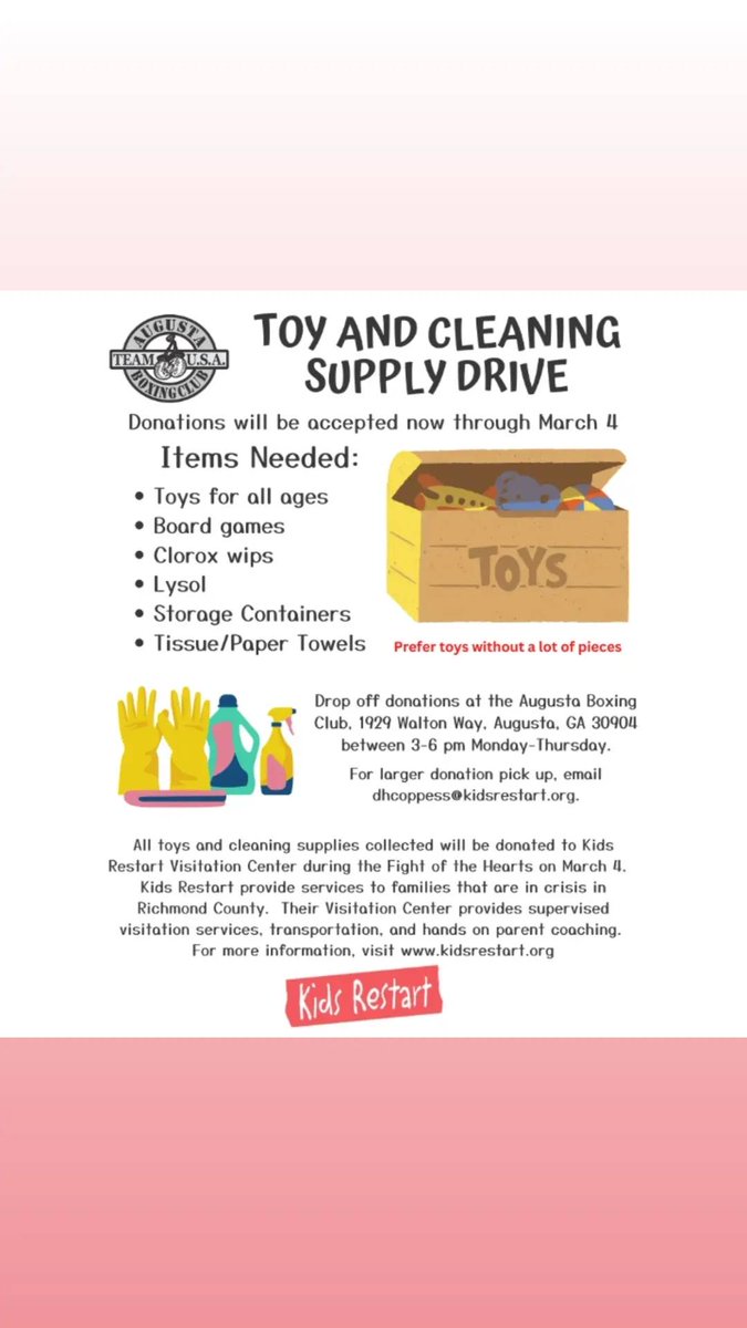 ClubAugusta's tweet photo. Still accepting donations!!! Drop off between 3-6 pm Monday-Thursday!!

Let's make the kids happy Kids Restart, Inc. https://t.co/dQdoWVGduM
