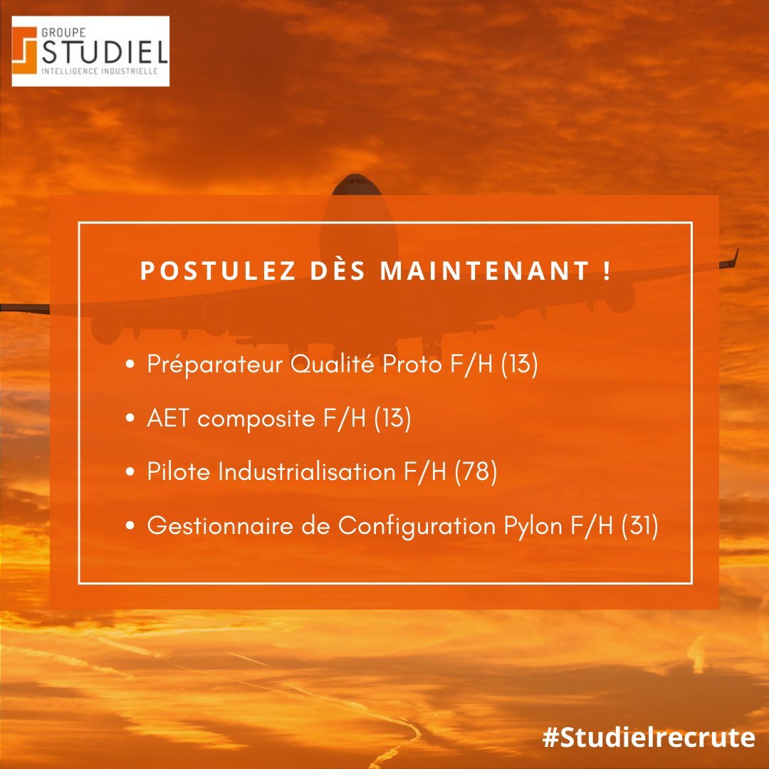 4 postes sont disponibles dans le secteur de l’aéronautique. ✈
Intéressé par ce secteur ? Venez les étudier ici :  lnkd.in/dgTuyk7
Envoyez votre candidature à : recrutement@studielgroup.com

#Studielrecrute #recrutement #aéronautique