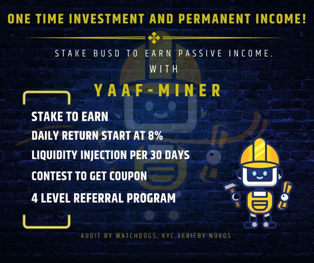 Mars_DeFi's tweet photo. ✅@YAAFMiner is a contract with a BUSD reward pool that provides daily returns similar to StableFund.

✅Stake BUSD to earn passive income upto 8% daily generated from the AI quantitative trading model

For more info 👇

Tg:https://t.co/kLHwkJx99u

🔗https://t.co/FR6dr4AFuD https://t.co/23ZWGJ7JFd