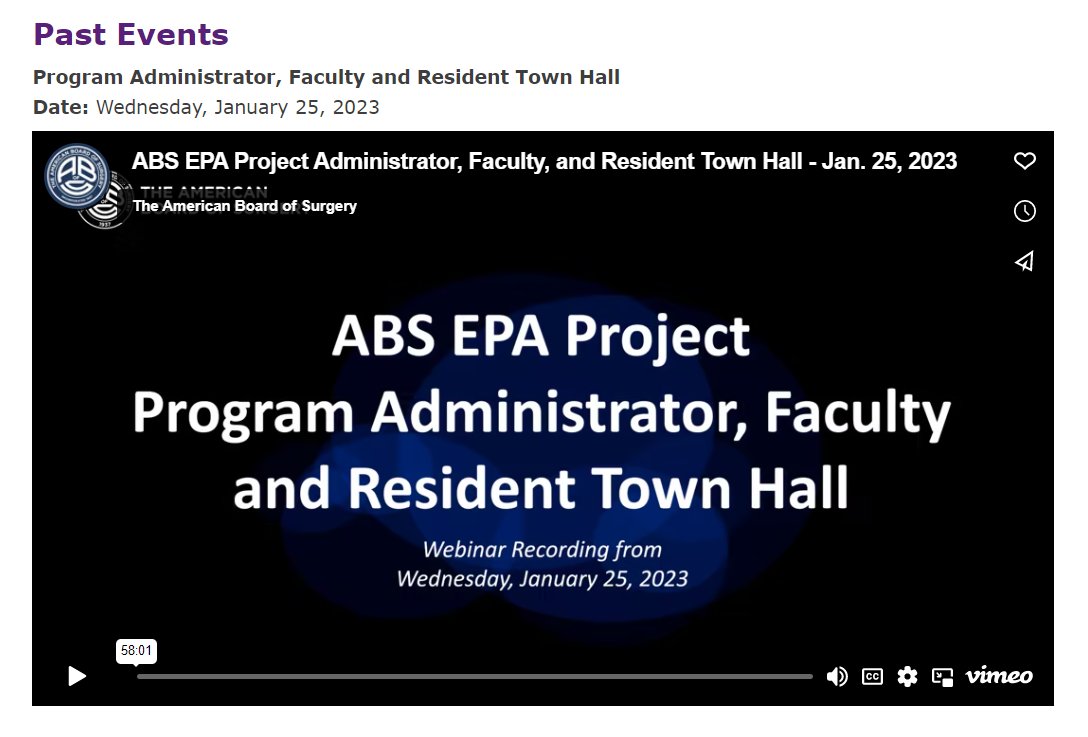 AmBdSurg's tweet image. Thank you to the #EPAProgramChampions, program administrators, program faculty, &amp;amp; residents who joined us last month for one of our #ABSEPAProject Town Halls! 

If you were unable to join us, visit our website to view the event recordings: ow.ly/YU1a50MMg6e