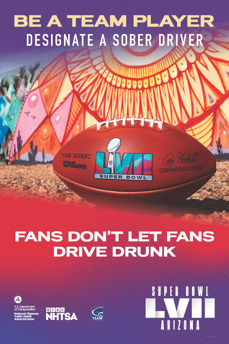 Super Bowl weekend is almost here! 

See someone about to get behind the wheel after drinking? Intercept those keys! 

Fans Don’t Let Fans Drive Drunk. 
#SuperBowlLVII #BeSafeDriveSmart #soberride