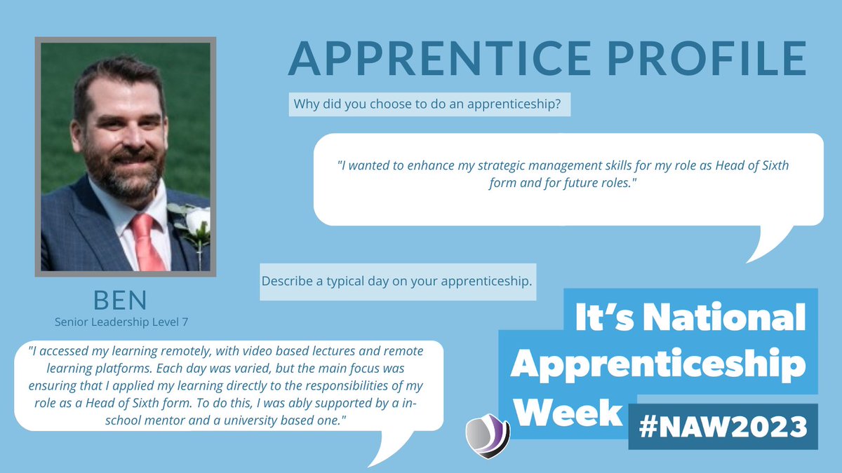 Today we hear from Ben who is Head of Sixth form <a href="/KingswoodAcad/">Kingswood Secondary Academy</a> about why he chose to take on an apprenticeship alongside his busy role and what a day in his life whilst studying and working looked like #skillsforlife <a href="/Apprenticeships/">Apprenticeships and Skills</a>