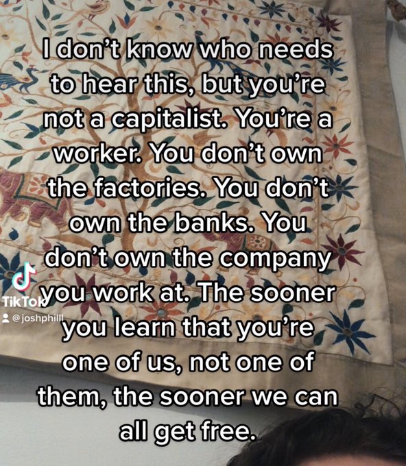 TikTok screencap that says “I don’t know who needs to hear this, but you’re not a capitalist. You’re a worker. You don’t own the banks. You don’t own the factories. You don’t own the company you work at. The sooner you learn that you’re one of us, not one of them, the sooner we can all get free.”