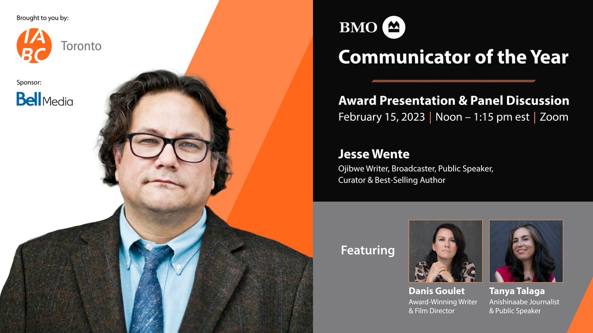 The <a href="/BMO/">BMO</a> Communicator of the Year, Jesse Wente, will be joined by award-winning journalist <a href="/TanyaTalaga/">Tanya Talaga</a> and award-winning writer and director <a href="/danisgoulet/">Danis Goulet</a> to talk about the power of storytelling, sponsored by <a href="/BellMediaPR/">Bell Media PR</a>.

Get your ticket: toronto.iabc.to/COTY

#COTY22