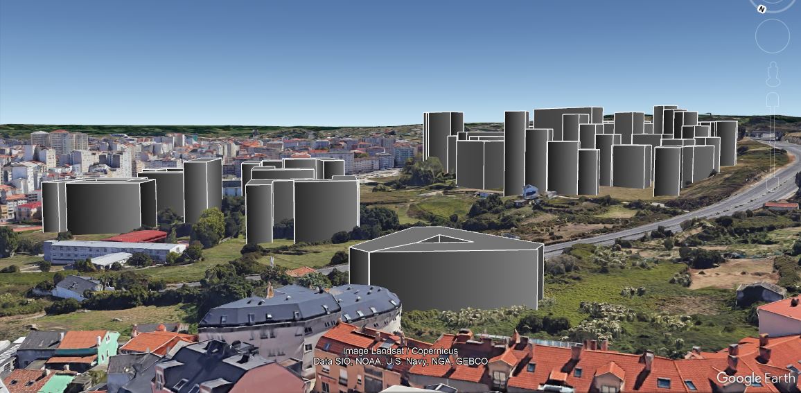 Recordáis el hilo sobre alegaciones al Plan de Visma #Coruña?  Pues me he tomado la libertad de crear a escala real el volumen que ocuparán los edificios, los viales y las zonas verdes. Vista desde San Pedro de Visma. Fijaos en las diferencia de altura con O Ventorrillo