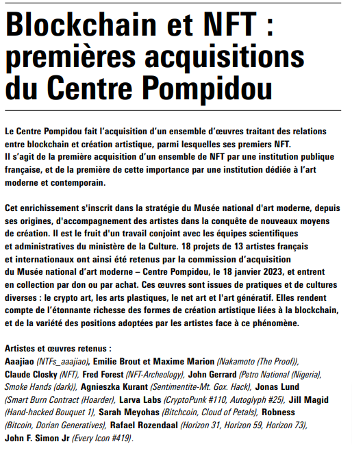 C'était sans doute un clin d'oeil : située en face de Beaubourg, la présidente de la @NFTFactoryParis @cecinestpasleo nous confiait il y a peu : 'Nous avons des discussions avec le Centre Pompidou'. Ce 10 février, le @CentrePompidou annonce l'acquisition de plusieurs NFT.