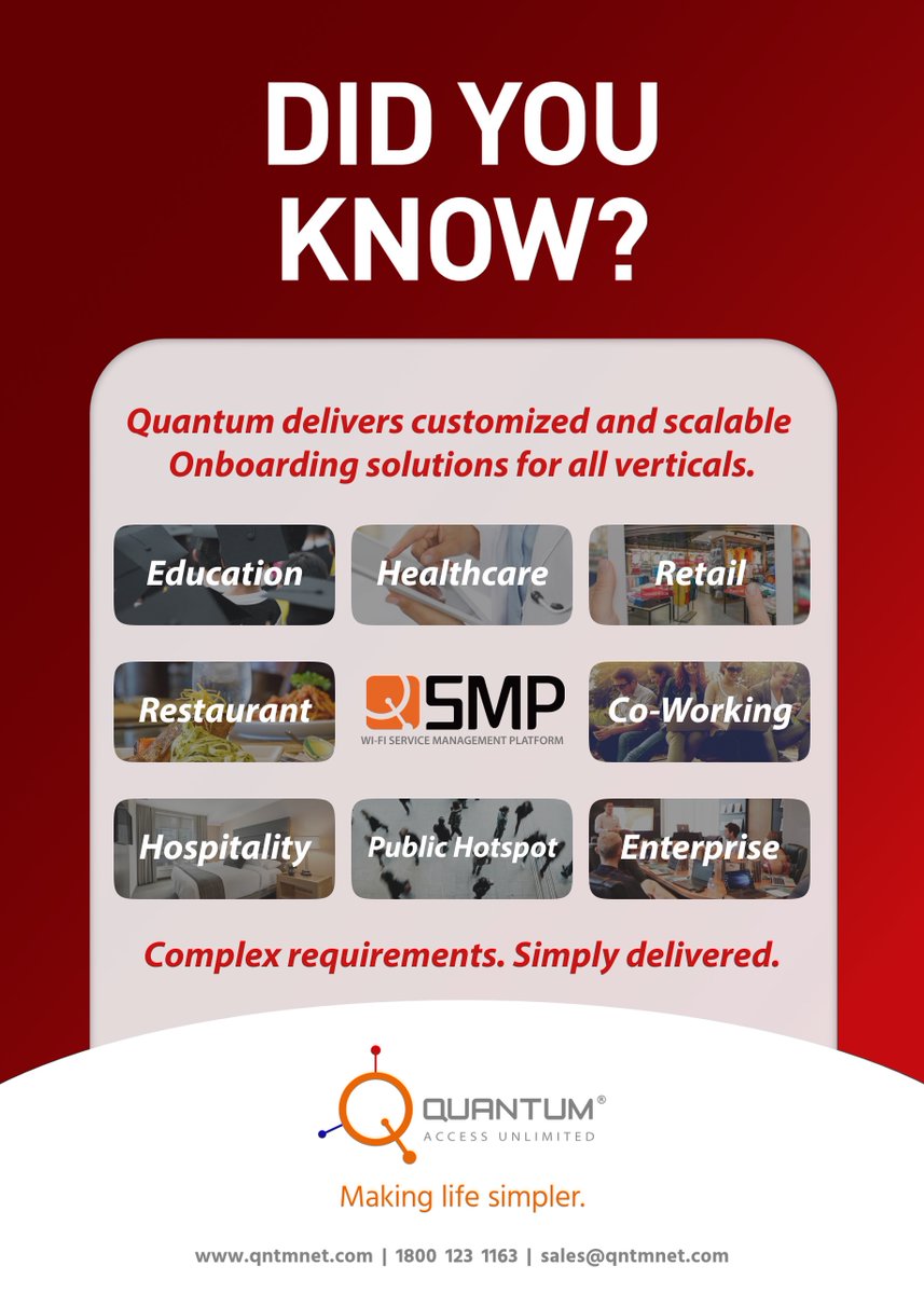 QuantumNetwork5's tweet photo. QDYK-006: Not just our Wi-Fi but any networking product be it wired or wireless, Onboarding Solutions for all verticals by Quantum.
#QSMP #hospitality #healthcare #Gsuite #O365 #retail #education #studentwifi #enterprise #guestnetworks #coworking #coliving
#advantagequantum https://t.co/eLLSsBseMB