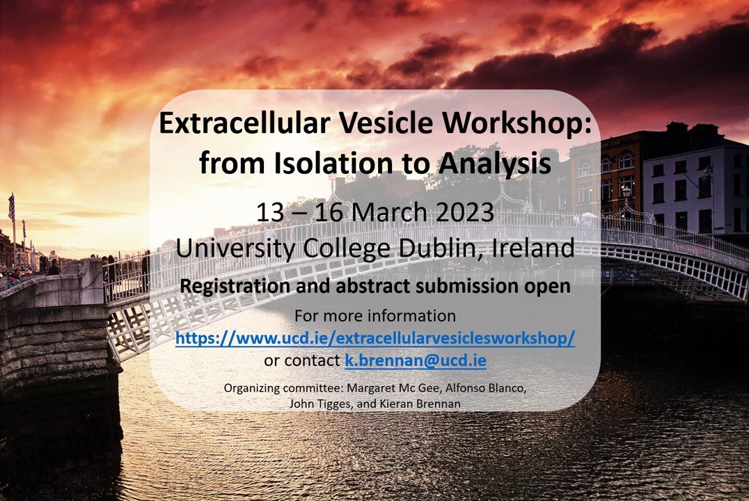 We are delighted to announce the Extracellular Vesicle Workshop: from Isolation to Analysis, will take place @ucddublin, from 13-16th March 2023. The scope of the workshop and programme can be found at ucd.ie/extracellularv… #EVs #extracellularvesicles #exosome #FlowCytometry