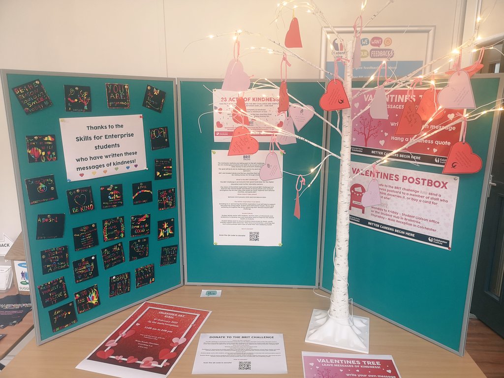 CiStudentvoice's tweet photo. This week @ColchesterInst staff and students have been writing messages of kindness for our valentines tree, encouraging people to donate to the @BritChallenge.
Such lovely messages we had to share them!
#mindfullness #kindness #studentwellbeing https://t.co/u0cb3DEp2z