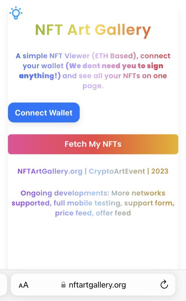 CryptoArtEvent's tweet photo. https://t.co/7c0mFd8gI8 🎨 

Currently a simple 1 page ETH Based NFT viewer. 

Just connect and view all your NFTs on one scrolling page, no need to sign anything! 

Feedback welcome! 

#NFTViewer #NFT #ETH https://t.co/LiSMXVsYtf