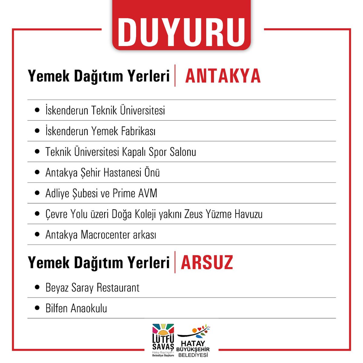 HatayBSB's tweet photo. İlçelerimizdeki “Yemek Dağıtım Yerleri” güncel listeleri #hatay #depremhatay https://t.co/SpSbGKQ6m4