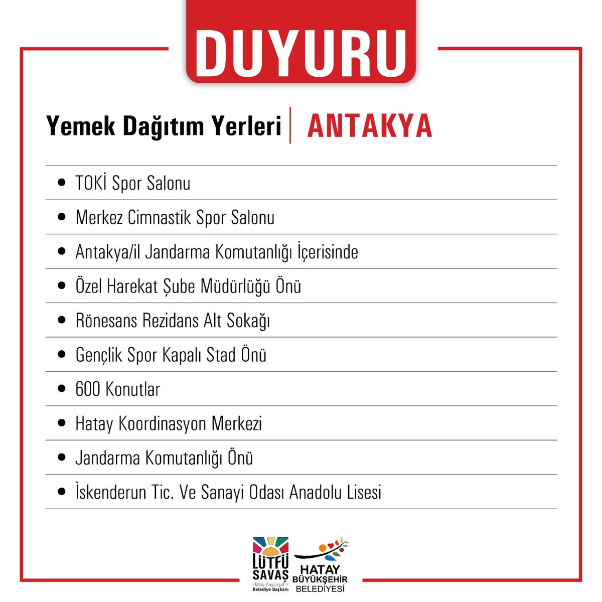 HatayBSB's tweet photo. İlçelerimizdeki “Yemek Dağıtım Yerleri” güncel listeleri #hatay #depremhatay https://t.co/SpSbGKQ6m4