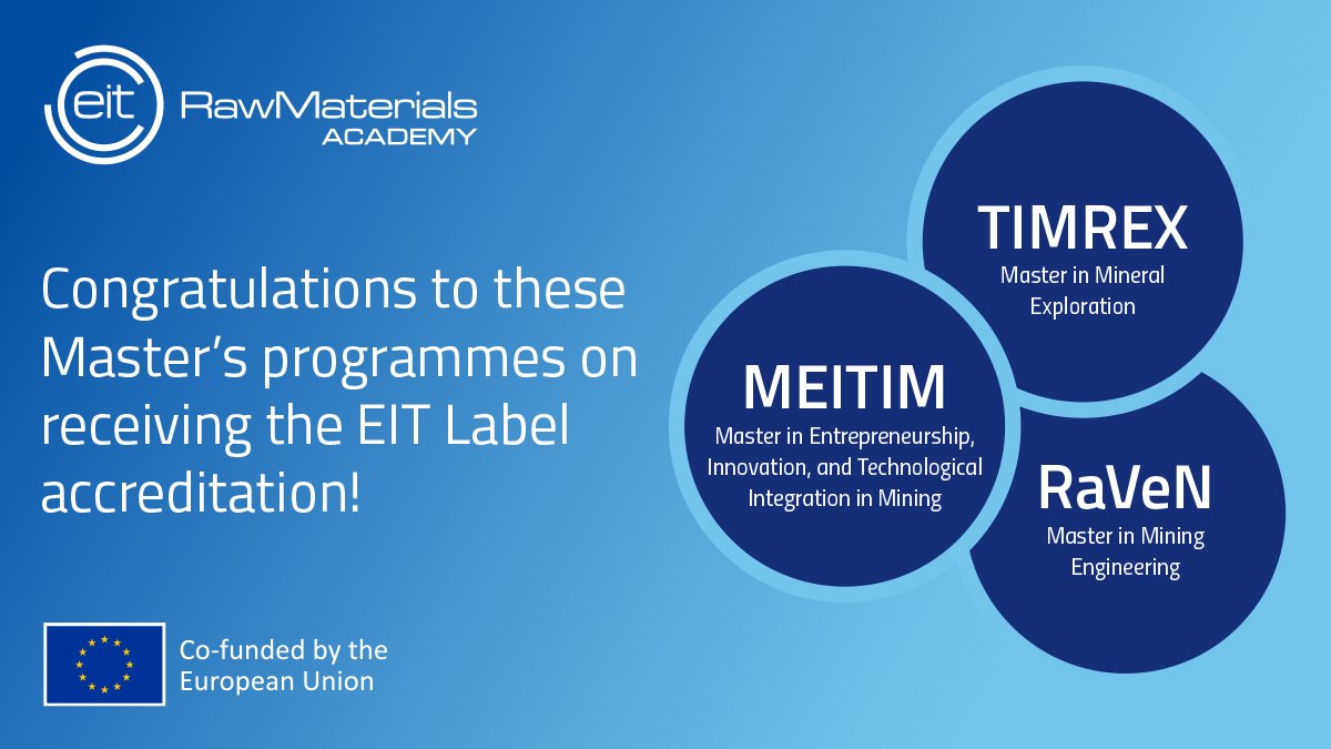 🎉Congratulations to the 3 new Master's programmes from <a href="/EITRMAcademy/">EIT RawMaterials Academy 📚</a> on receiving the prestigious EIT Label! This marks their excellence in providing a unique blend of #deeptech knowledge, innovation, &amp; entrepreneurship in #rawmaterials related areas of study.
