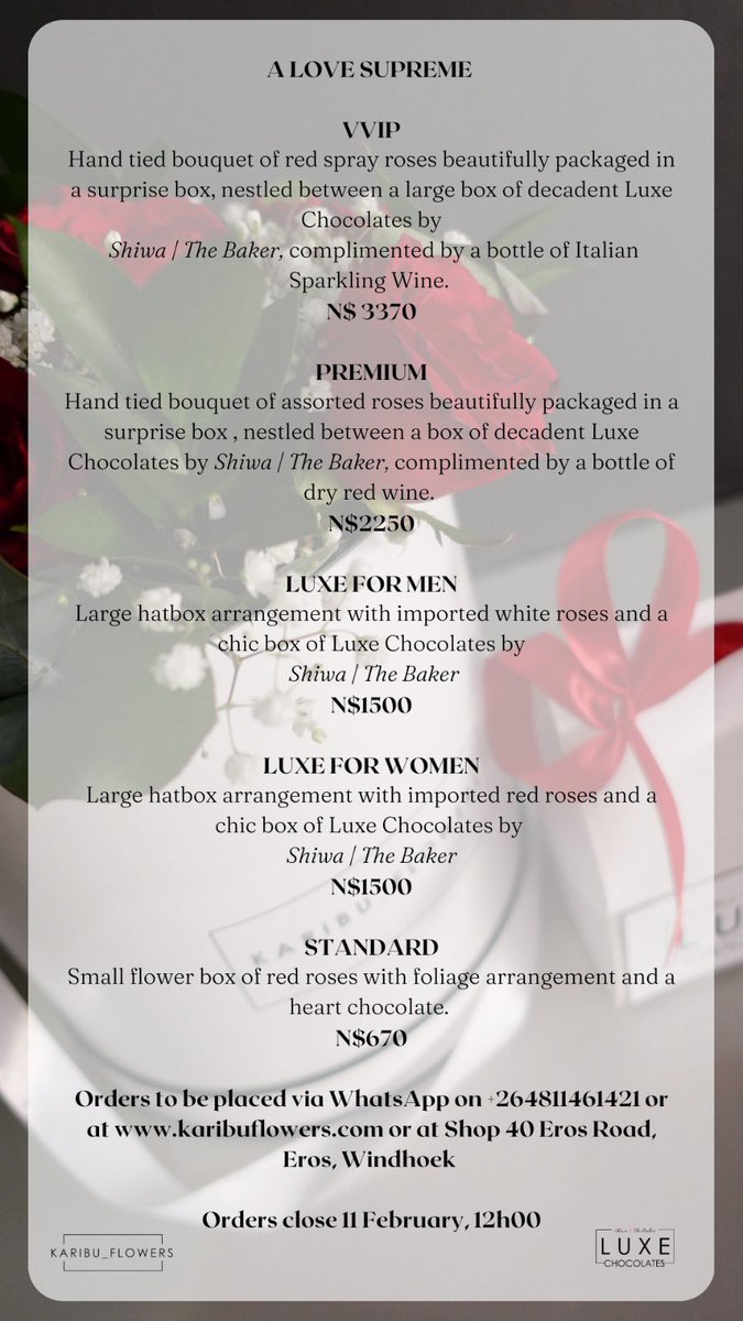 A ♥️Supreme! <a href="/shiwathebaker/">Shiwa |The Baker 🇳🇦</a> x <a href="/KaribuFlowers/">Karibu Flowers</a> Valentine’s Day 2023. 🍫🥀