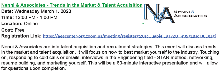 AeeNorcal's tweet photo. Join us on March 1st 12:00-1pm PST 
Trends in the Market &amp; Talent Acquisition
Zoom: https://t.co/SSeYpuHeZ2
@AeeNorcal is pleased to present Nenni and Associates, who will discuss interviews STAR method, responding to cold calls networking, resume building @AEE #NorCalAEE #Energy https://t.co/nlKRvo3NnV