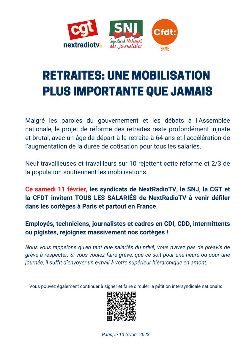 #ReformeDesRetraites #Greve11fevrier

Ce samedi, les syndicats de NextRadioTV, le SNJ, la CGT et la CFDT invitent TOUS LES SALARIÉS de NextRadioTV à venir défiler dans les cortèges à Paris et partout en France.
#BFMTV #RMC #RMCDecouverte #RMCSport #RMCStory #BFMBusiness #NextProd