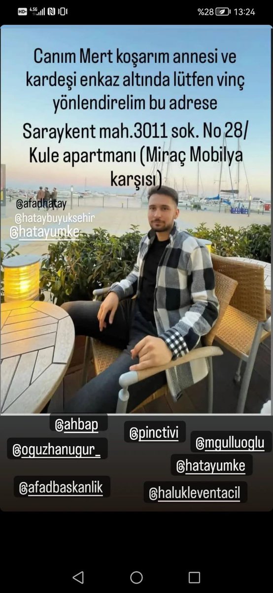 ARKADAŞLAR YAYALIM LÜTFEN YAYALIM❗️🚨❗️🚨❗️🚨🚨❗️🚨❗️ARKADAŞIMIZA ULAŞAMIYORUZ😔 

🚨 MERT KOŞAR GÜNLERDİR ENKAZIN İÇİNDE❗️
🚨VİNÇ LAZIM❗️
🚨AFAD EKİBİ GİTMEMİŞ LÜTFEN SESİMİZİ DUYUN🚨🚨❗️❗️❗️ 
<a href="/AFADBaskanlik/">AFAD</a> <a href="/DepremDairesi/">AFAD Deprem</a> <a href="/IstanbulAFAD/">A F A D İstanbul</a> #hatay #hatayantakya #AfaddaBizimAhbapda