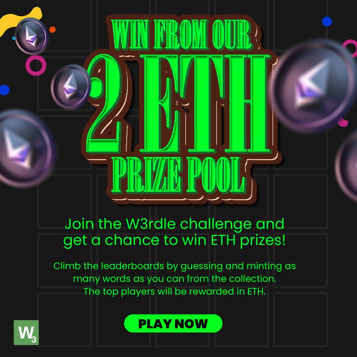 Put your puzzle skills to the test in the W3rdle Challenge! 💪 

The W3rdle public launch has a 2 ETH prize pool to start the Ethereum Play Party with a bang! 👀 

Stay tuned on discord for opening of WL and gameplay. Let's see if you've got what it takes to win! 🤔

#NFT