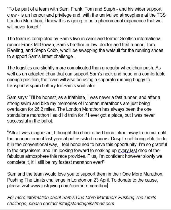 chrissiesmiles's tweet image. Honoured, proud &amp;amp; excited to be part of an incredible 4-some pushing the even more incredible @TriSam81 around the @LondonMarathon this April, raising awareness of MND &amp;amp; much needed funds for @StandAgainstMND. Please share &amp;amp; support this #OneLastMarathon challenge. #mnd #marathon