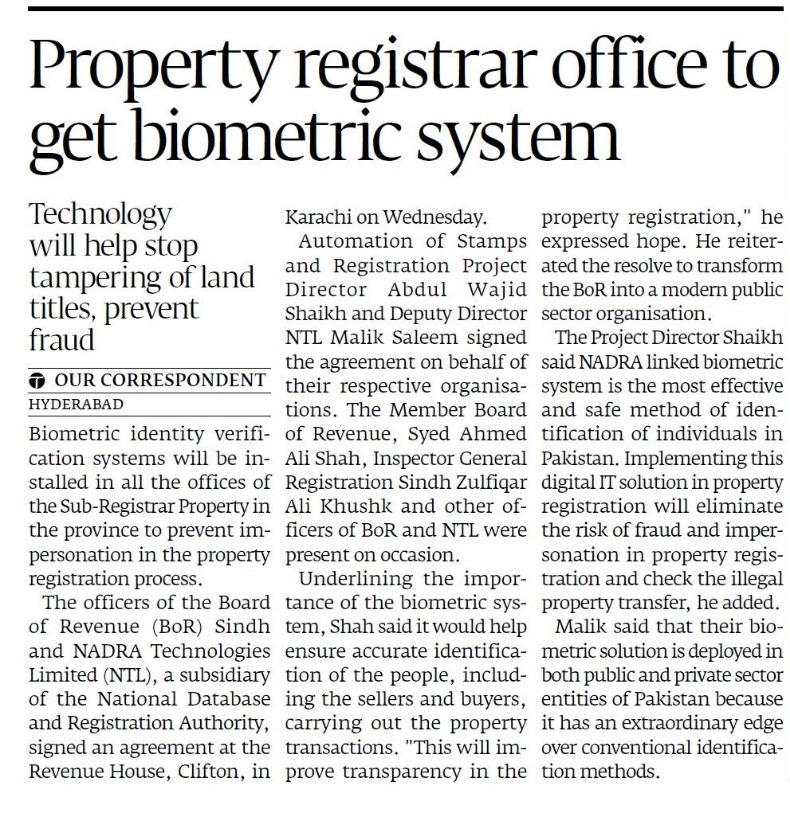 Property registration office <a href="/borsindhgov/">BoardOfRevenueSindh</a>  to get Biometric System in Sindh.
tribune.com.pk/story/2400183/…