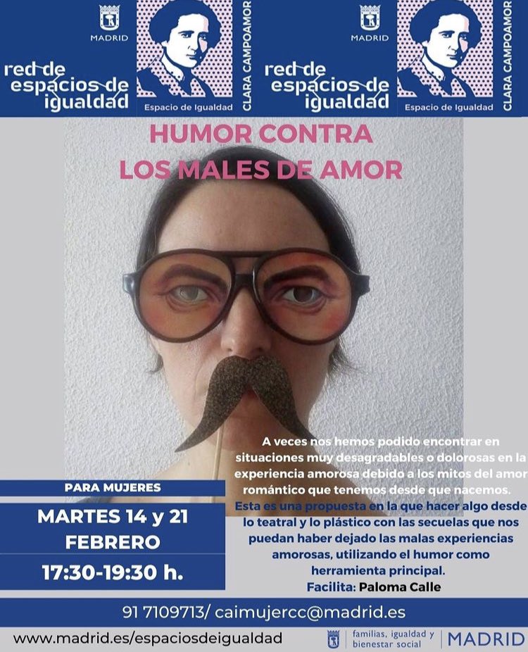 Humor contra los males de amor
Taller impartido por #PalomaCalle de <a href="/FamiliasHd/">Familias HD</a> 

¡ÚLTIMOS DÍAS PARA INSCRIBIRSEI
Inscripciones en:
917109713
DEcaimujercc@madrid.es
