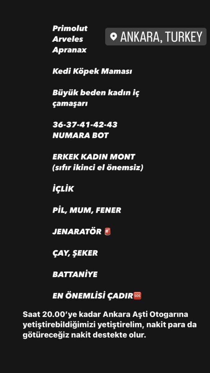 dsoydabas's tweet photo. Ankara’da yardımda bulunmak isteyenler için saat 20:00a kadar AŞTİ’den gidecek, ilaçların öncelik olduğu söyleniyor https://t.co/E1teEW9is3
