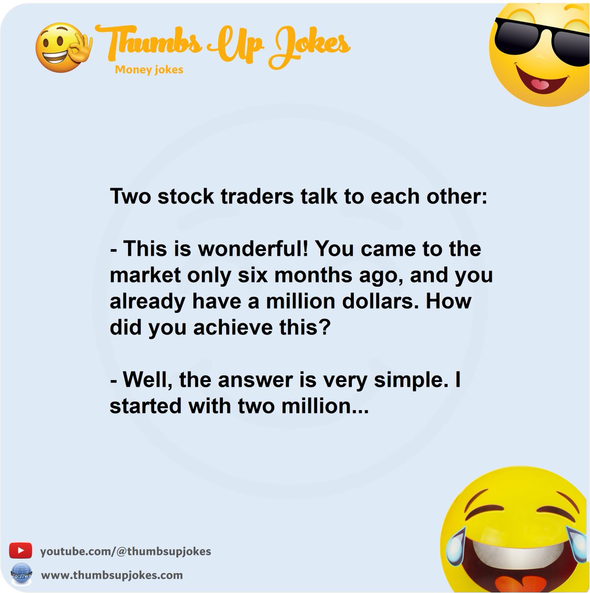 Stock market brokers joke.
#jokes #joke #fun #funny #humor #comedy #moneyjokes #stockmarket