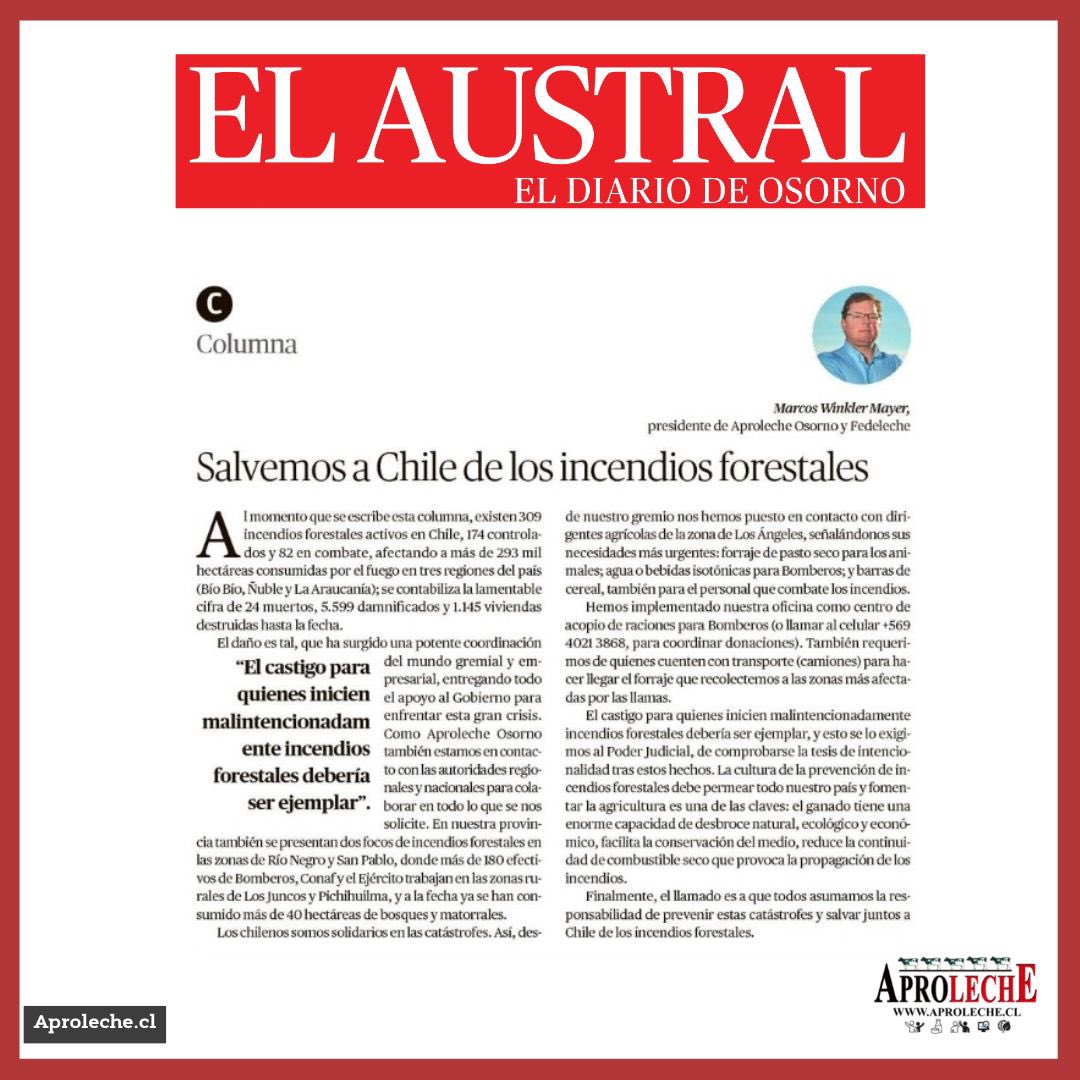 🐄🇨🇱📰 Compartimos columna de Marcos Winkler, presidente de nuestra Asociación Gremial, publicada hoy en el Diario Austral de Osorno.

ℹ️ Salvemos a Chile de los incendios forestales

👉 Para leer columna completa, ingresa a nuestra web aquí aproleche.cl