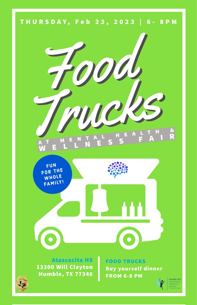 Food Trucks at the <a href="/HumbleISD/">Humble ISD</a> Mental Health and Wellness Fair Thursday, February 23, 2023 from 6-8pm at AHS! Come out, buy some dinner and meet a healthcare provider, join a soundbathing class &amp; listen to a speaker #Foodie #foodtruck #MentalHealthAwareness