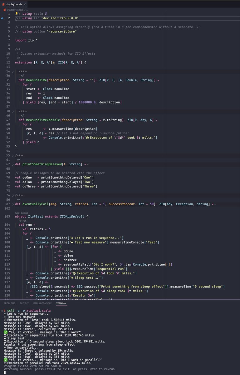 carlosedp's tweet image. Having a lot of fun writing some @zioscala code. Made a method extension to measure the effect execution time and played with some error handling as well.
Also the community in ZIO Discord is fantastic... kudos to @adamfraser for the help.

@scala @zivergetech
#ZIO #Scala #Scala3