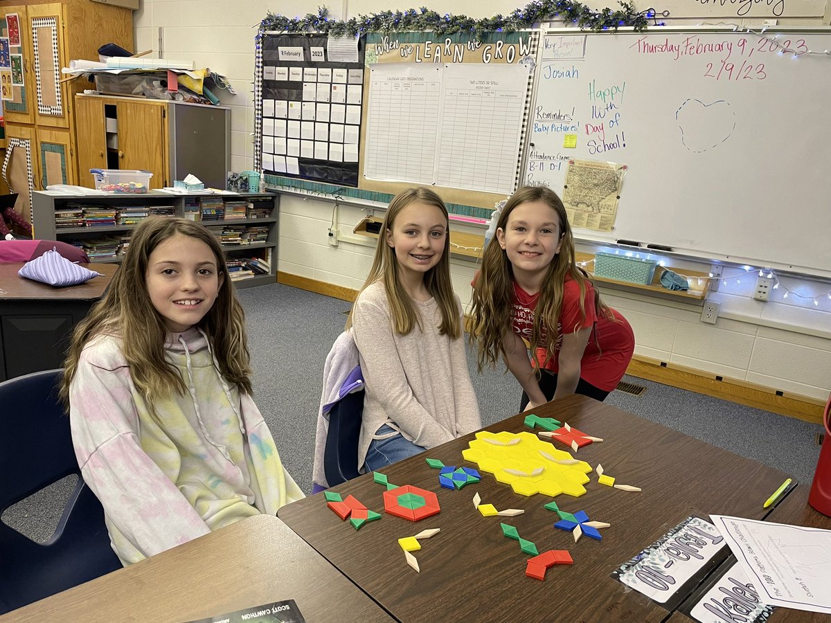 mrspetsch22's tweet photo. 100th day activities yesterday included some pattern block designs. Students had to build a design with 100 pattern blocks and then find the percentage of each block used. We had some pretty awesome designs! @WestmoorCats https://t.co/5OXtcz77pK