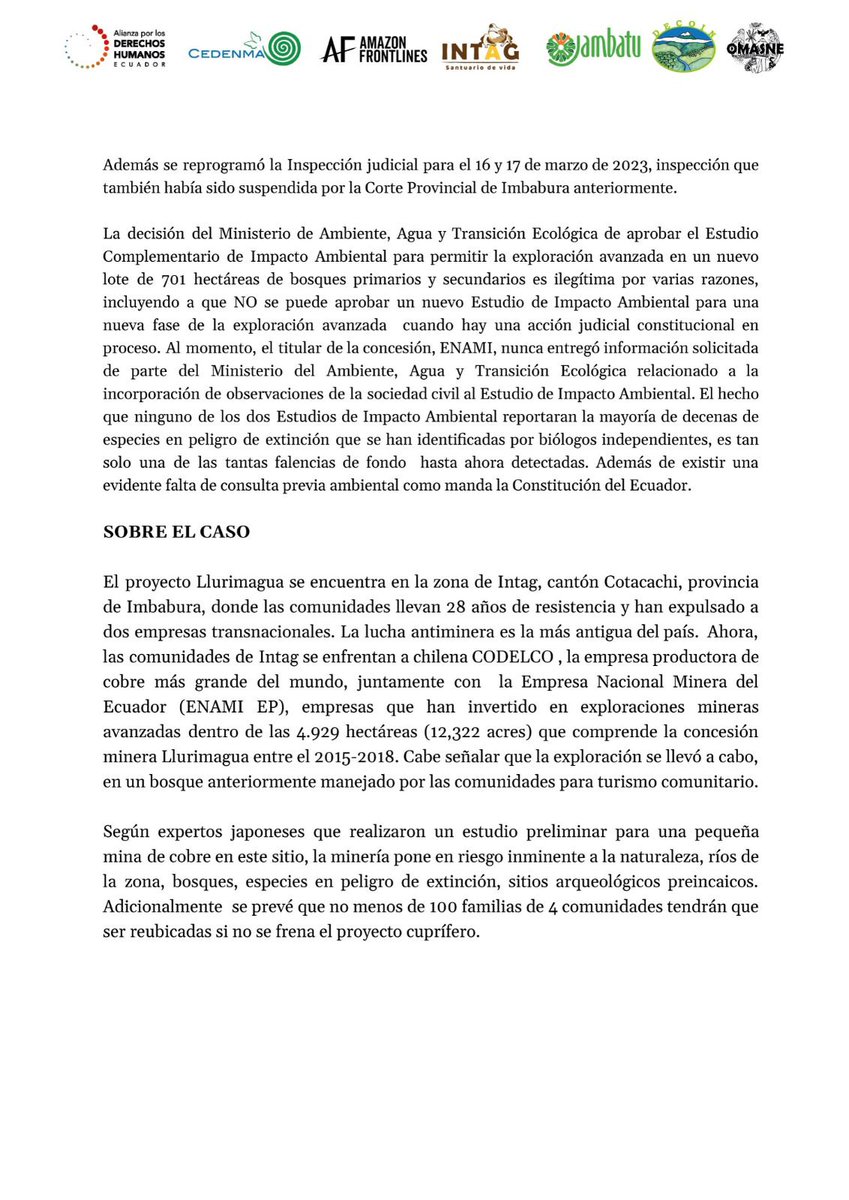 DDHH_Alianza's tweet photo. 🚨COMUNICADO | @Ambiente_Ec aprueba el Estudio Complementario de Impacto Ambiental del 2018 para la ampliación de actividades mineras dentro de la concesión Llurimagua y solicita que concedan la licencia ambiental.🧵👇

➕Info👉https://t.co/LIvNvMc8jB https://t.co/r28v8tfo4E