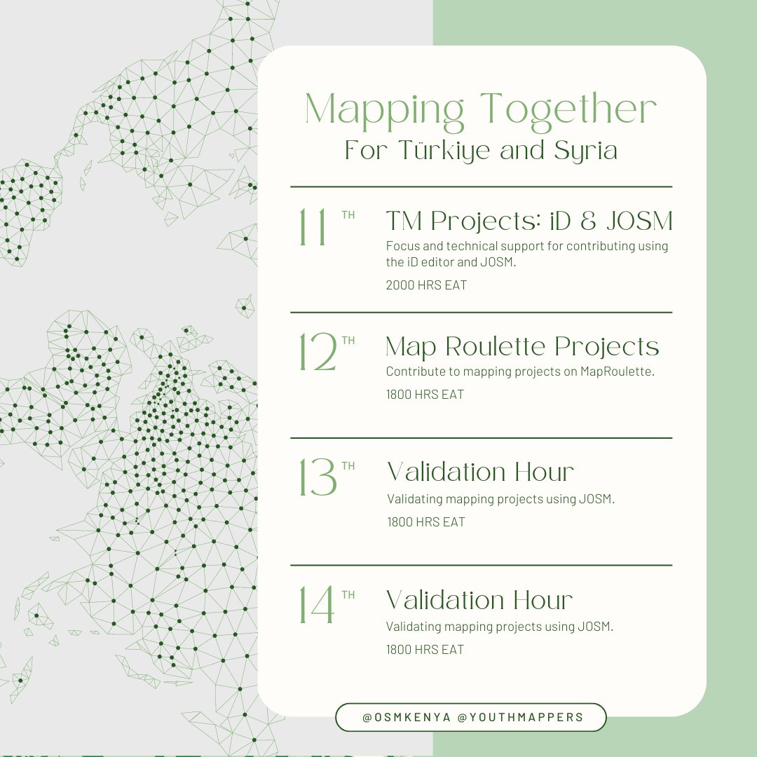 To support the mapping  response to the 7.8M Earthquake that hit southern Türkiye and northern Syria, we are joining the #OpenMapping community to host virtual mapping hours from tomorrow till Tuesday.   

Sign up here: tinyurl.com/MappingForTurk…