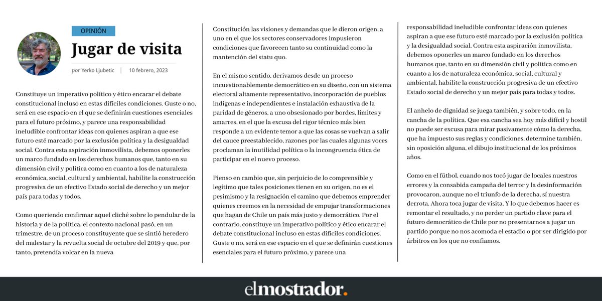 📝Les invito a leer mi reciente columna en <a href="/elmostrador/">El Mostrador</a> sobre el proceso constituyente: Jugar de visita

"El anhelo de dignidad se juega también, y sobre todo, en la cancha de la política. Que esa cancha sea hoy más difícil y hostil no puede ser excusa para mirar pasivamente"
