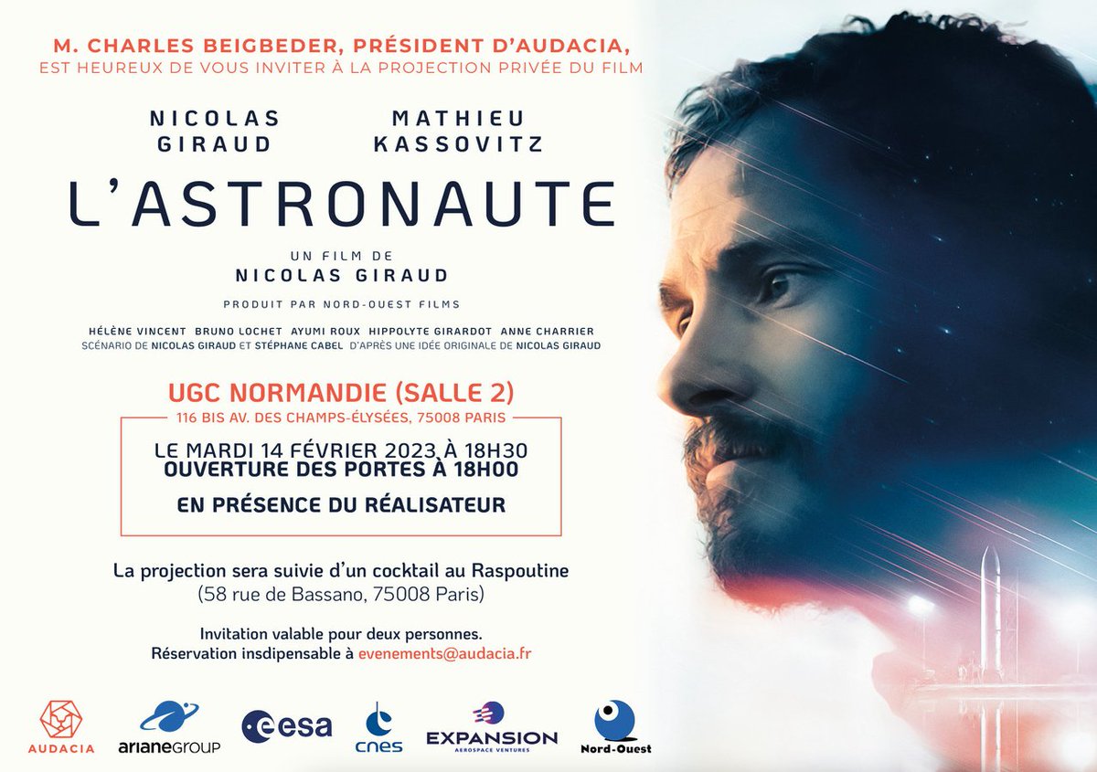 ESA_fr's tweet image. #IdéeSortie En coopération avec @audacia, nous avons le plaisir d’offrir des places pour une projection privée du film #Astronaute, ce mardi 14 février à 18h30 à #Paris. 

Les 30 premiers à envoyer un mail à evenements@audacia.fr recevront une invitation valable pour 2 personnes!