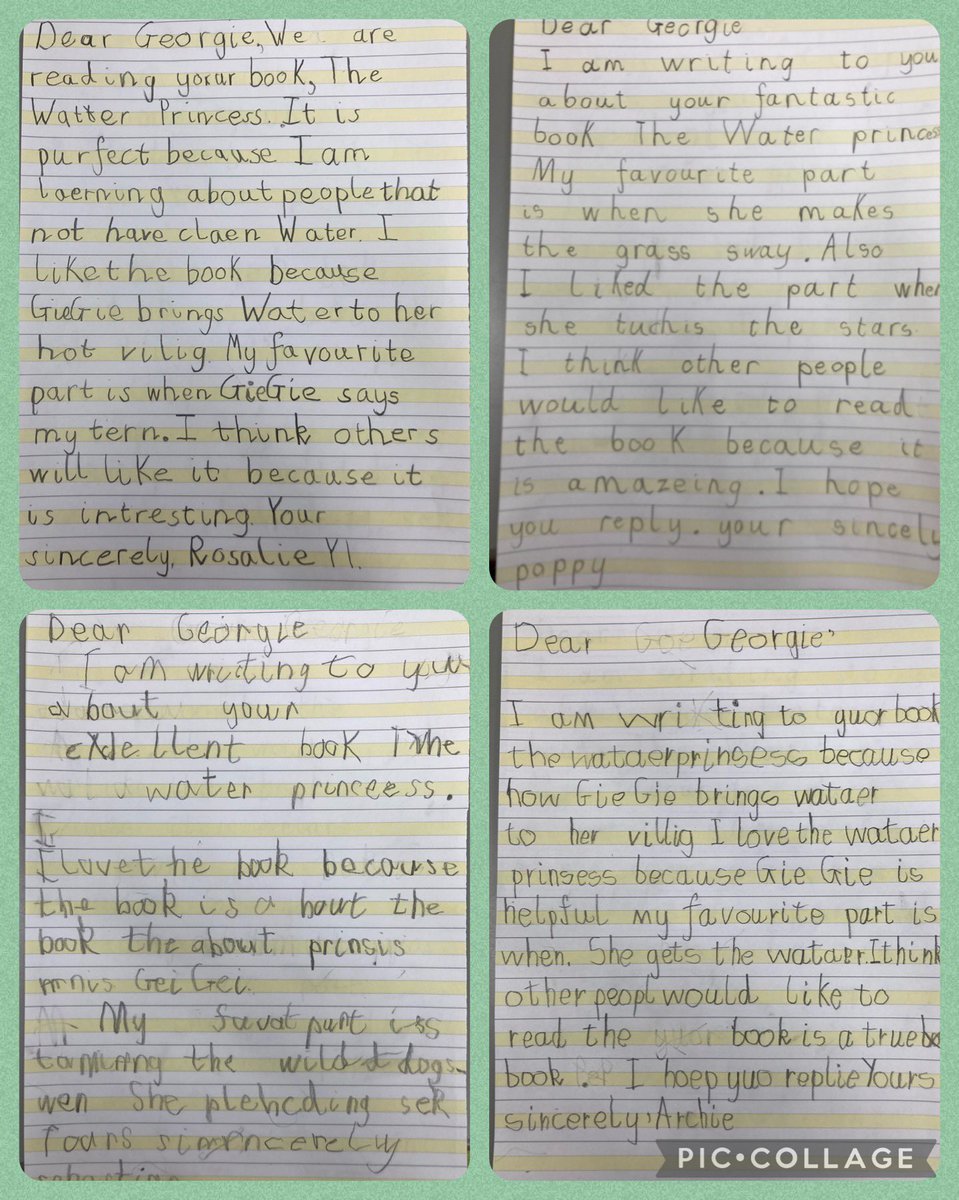 AttenboroughSc1's tweet photo. Dear Princess Gie Gie @georgiebadiel The writers in Year 1 have thoroughly enjoyed reading your inspiring book. They have written letters to show their appreciation #waterismybasichumanright #globalcitozens #globalisation https://t.co/onV2fmQuFo