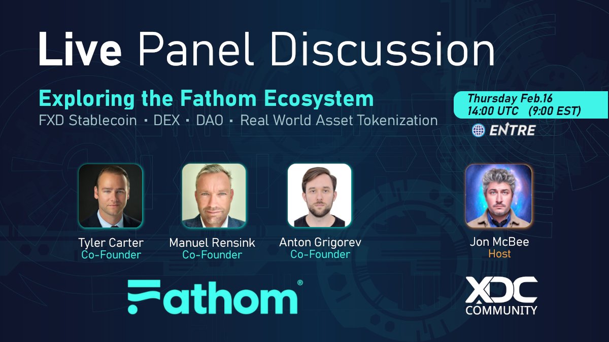 xdc_community's tweet photo. Join us for a LIVE Panel Discussion with the @Fathom_fi co-founders to discuss the #FathomDeFi ecosystem including the $FXD stablecoin, #RWA, #Fathom_DEX, #Fathom_DAO, and much more on #XDCNetwork. #XDC $XDC
๐๏ธThur. Feb.16
๐14:00 UTC / 9am EST
๐ https://t.co/aoD9UTx5Cv https://t.co/bvCDaMQxF3