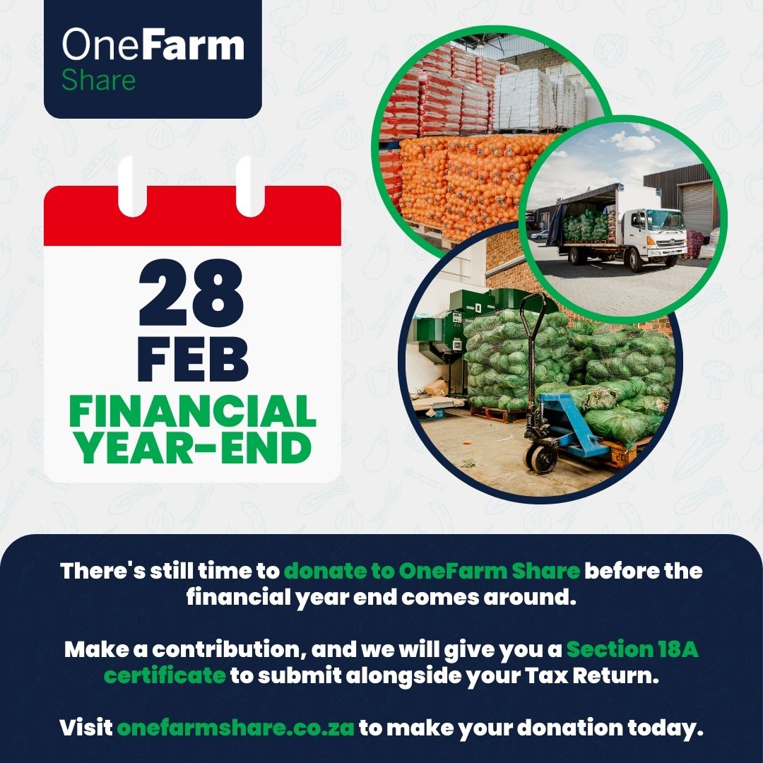 Make your contributions today and receive a Section 18A certificate from OneFarm Share! Visit onefarmshare.co.za to donate

#onefarmshare #fooddonations #nutritiousfood #endhunger